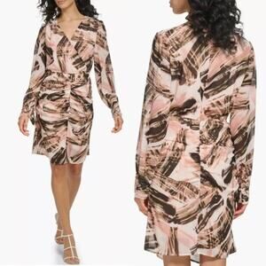 DKNY CHIFFON V-NECK RUCHED LONG SLEEVE DRESS IN IVORY‎ GOLD SAND NWT SIZE 6